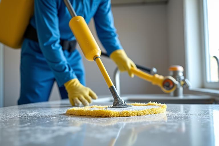 Trabajador realizando una limpieza exhaustiva en una cocina renovada